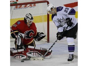 Calgary Flames vs the Los Angles Kings... Flames Goaltender Miikka Kiprusoff makes a save on one legged skater Dustin Brown during second period action.n/a ORG XMIT: kipperaction190