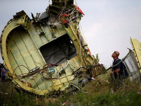 A Malaysian air crash investigator inspects the crash site of Malaysia Airlines Flight MH17, near the village of Hrabove (Grabovo) in Donetsk region, Ukraine, July 22, 2014.