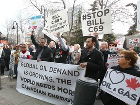Pro-oil and pipeline supporters protest against Bill C-69 in Calgary in April.