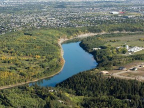 An aerial view of the E.L. Smith Water Treatment Plant along the North Saskatchewan River in Edmonton.