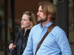 David and Collet Stephan leave court in Lethbridge on April 11, 2016. The couple is being retried in the death of their 19-month-old son, Ezekiel.
