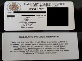 Calgary police are looking for stolen police equipment including uniforms and a warrant card similar to the one pictured that were stolen from an officer's southwest Calgary home on Friday, June 7, 2019.