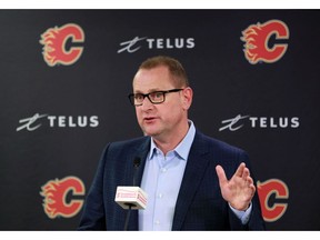 Calgary Flames GM Brad Treliving talks with media after the team cleaned out their lockers on Monday April 22, 2019. Gavin Young/Postmedia