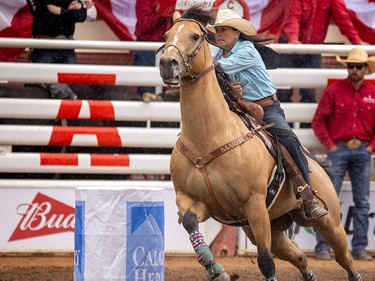 Lisa Lockhart and Rosa of Oelrichs, SD., won Barrel Racing at the Calgary Stampede in Calgary, Ab., on Sunday July 14, 2019. Mike Drew/Postmedia