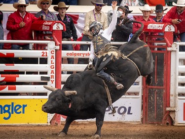 Sage Steele Kimzey of Strong City, Ok., won Bull Riding on Night Moves at the Calgary Stampede in Calgary, Ab., on Sunday July 14, 2019. Mike Drew/Postmedia