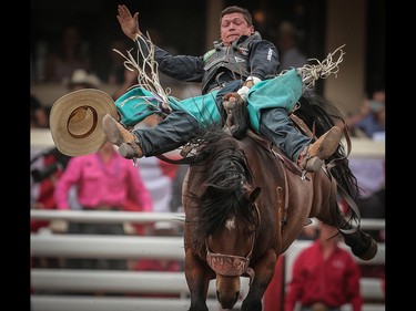 Tanner Aus of Granite Falls, Minnesota rides Arbitrator Joe during the semi finals of bareback riding championship at the Calgary Stampede on July 14, 2019. Leah Hennel photo