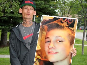 Rob Beauregard holds a picture of his 16-year-old son Elijah who was stabbed to death in Kelowna in late June. Friday, July 19, 2019.