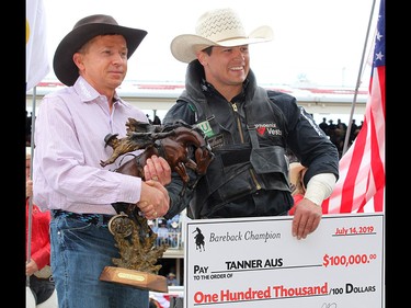 Tanner Aus won the Bareback final in the Stampede Rodeo at the Calgary Stampede in Calgary, Ab on Sunday, July 14, 2019. Brendan Miller/Postmedia
