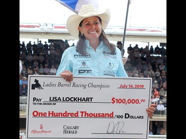 Lisa Lockhart won the Ladies Barrel Racing final in the Stampede Rodeo at the Calgary Stampede in Calgary, Ab on Sunday, July 14, 2019. Brendan Miller/Postmedia