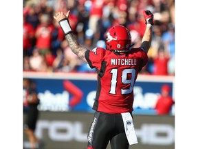 Stamps QB Bo Levi Mitchell celebrates a two point conversion after a TD during CFL action between the BC Lions and the Calgary Stampeders at McMahon Stadium in Calgary on Saturday, June 29, 2019. Jim Wells/Postmedia
