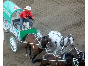 Driver, Chad Fike riding for Simons during heat 7 of the GMC Rangeland Derby at the Calgary Stampede in Calgary on Wednesday, July 10, 2019. Darren Makowichuk/Postmedia