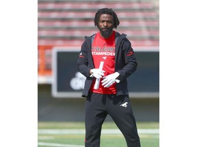 Former Stampeder player Josh Bell gives instructions at rookie camp with the Stampeders in Calgary on Friday, May 18, 2018. Jim Wells/Postmedia