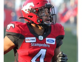 Stamps Receiver Eric Rogers is seen after scoring the winning touchdown with under 1 minute to go as Calgary Stampeders beat BC Lions 36-32 at McMahon Stadium during week 3 of CFL action. Saturday, June 29, 2019. Brendan Miller/Postmedia