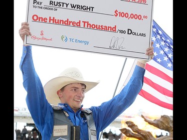 Rusty Wright won the Saddle Bronc final in the Stampede Rodeo at the Calgary Stampede in Calgary, Ab on Sunday, July 14, 2019. Brendan Miller/Postmedia