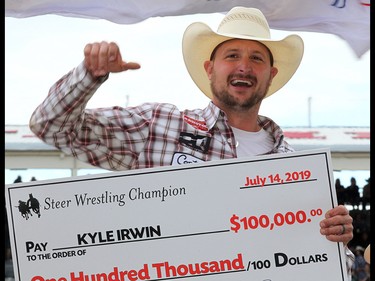 Kyle Irwin won the Steer Wrestling final in the Stampede Rodeo at the Calgary Stampede in Calgary, Ab on Sunday, July 14, 2019. Brendan Miller/Postmedia
