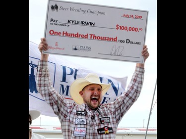 Kyle Irwin won the Steer Wrestling final in the Stampede Rodeo at the Calgary Stampede in Calgary, Ab on Sunday, July 14, 2019. Brendan Miller/Postmedia