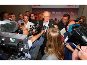 Ken King, vice-chairman, Calgary Sports and Entertainment Corporation, speaks to reporters after The City of Calgary, Calgary Sports and Entertainment Corporation and Calgary Exhibition and Stampede Limited have agreed to fundamental terms and conditions for the development of a new Event Centre Monday. Photo by Brendan Miller/Postmedia.