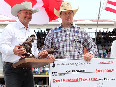 Caleb Smidt won the Tie-Down Roping final in the Stampede Rodeo at the Calgary Stampede in Calgary, Ab on Sunday, July 14, 2019. Brendan Miller/Postmedia
