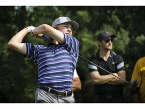 Lacombe golfer Brady McKinlay tees off during the championship match of the Lacombe Men's Open golf tournament at the Lacombe Golf and Country Club on Sunday, July 7, 2019. McKinlay won the Men's Open in his first year playing in the tournament, following a third place finish at the Alberta Junior Championships in High River.