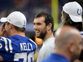 Andrew Luck of the Indianapolis Colts watches from the sidelines during the fourth quarter of the preseason game against the Chicago Bears at Lucas Oil Stadium on August 24, 2019 in Indianapolis, Indiana.