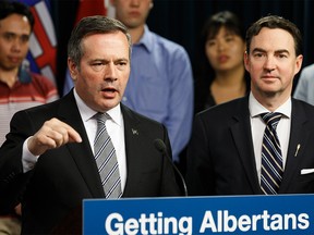 Premier Jason Kenney (left) and Minister of Labour and Immigration Jason Copping at the Alberta Legislature in Edmonton, on Wednesday, June 19, 2019. Photo by Ian Kucerak/Postmedia