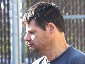 Randall Hopley, 46, a convicted sex offender with a history of break and enters and wanted for the abduction last week of Kienan Hebert, who was found hiding out at a gravel pit in the Crowsnest Pass near the Alberta B.C. border leaves Cranbrook Courts. Wednesday September 14  2011.
