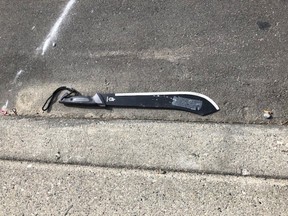 A photo released by the Alberta Serious Incident Response Team shows a machete recovered from an officer-involved shooting on Aug. 25, 2019.