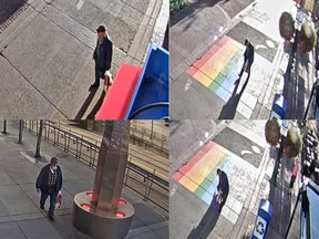 Police have released images of a possible suspect wanted in connection for vandalizing the rainbow crosswalk in downtown Calgary on August 18.