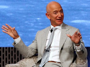 Jeff Bezos, founder of Amazon and Blue Origin, speaks at the John F. Kennedy Library in Boston June 19, 2019. (REUTERS/Katherine Taylor/File Photo)