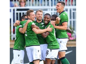 Cavalry FC  celebrate after a goal against the York9 FC during a 1-0 victory in Canadian Premiere League soccer at Spruce Meadows ATCO field in Calgary on Sunday, July 21, 2019. Al Charest / Postmedia