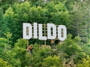 A Hollywood-like sign can be seen over the town of Dildo, Newfoundland in Canada in this undated handout photo provided August 19, 2019. After a Hollywood-like sign went up over Dildo, N.L., thanks to a segment on Jimmy Kimmel Live, town officials are asking people to stop climbing through private property to take photos with it, warning the sign may have to come down.