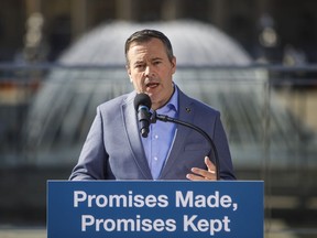 Alberta Premier Jason Kenney discusses the accomplishments of his government in its first 100 days in office, in Edmonton on Wednesday August 7, 2019.