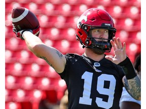 Calgary Stampeders quarterback Bo Levi Mitchell was off the injured list and throwing passes during practise at McMahon Stadium in Calgary on Thursday, August 29, 2019. Gavin Young/Postmedia