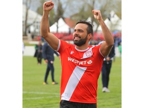 Cavalry FC Sergio Camargo celebrates a victory following CPL soccer action between FC Edmonton and Cavalry FC in Calgary at Atco Field at Spruce Meadows on Saturday, May 18, 2019. Cavalry won 1-0 and remain undefeated. Jim Wells/Postmedia