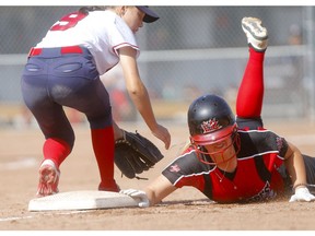 Game action between the Fraser Valley Fusion and the White Rock Renegades during the U16 Canadian Girls Fastpitch Championships at Shouldice Park in Calgary on Saturday, August 17, 2019. Darren Makowichuk/Postmedia
