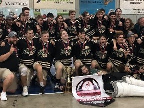 The Calgary Shamrocks celebrate after winning the Founders Cup in Winnipeg.