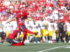 Calgary Stampeders Rene Paredes kicks his third field goal against the  Edmonton Eskimos in first half CFL action at McMahon stadium in Calgary on Saturday, August 3, 2019. Darren Makowichuk/Postmedia