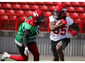 Calgary Stampeders running back Ka'Deem Carey runs with ball during practise at McMahon Stadium in Calgary on Thursday, August 29, 2019. Gavin Young/Postmedia