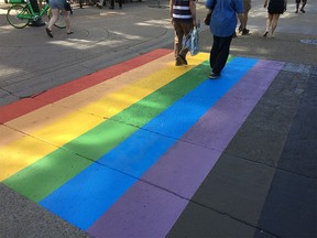 Calgary's Pride crosswalk on Stephen Avenue.