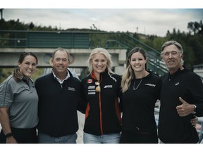 Left to right Canadian women's Olympic bobsled pilot Christine de Bruin, PGA Tour Champions golfer Olin Browne, Canadian women's Olympic bobsled pilots Alysia Rissling and Kori Hol Browne's caddie,, Sandy Armour.