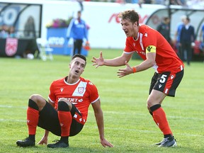 Cavalry FC Dominick Zator, left, and Mason Trafford react after Zator's shot misses late in the first half. Cavalry lost to Montreal Impact in the Canadian Championship semifinal game at Spruce Meadows on Wednesday, Aug. 14, 2019.