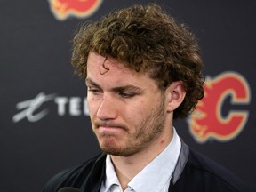 Calgary Flames forward Matthew Tkachuk speaks with media after the team was knocked out of the playoffs by the Colorado Avalanche.