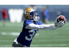 Defensive back Winston Rose works on catching the ball that goes over your head during Winnipeg Blue Bombers practice on Tues., July 2, 2019. Kevin King/Winnipeg Sun/Postmedia Network