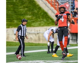 Calgary Stampeders' Eric Rogers celebrates scoring a touchdown against Hamilton Tiger-Cats during the regular season action at McMahon Stadium in Calgary on Saturday, September 14, 2019. Azin Ghaffari/Postmedia Calgary