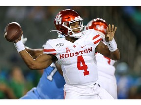 NEW ORLEANS, LOUISIANA - SEPTEMBER 19: D'Eriq King #4 of the Houston Cougars throws the ball during the first half of a game against the Tulane Green Wave at Yulman Stadium on September 19, 2019 in New Orleans, Louisiana.