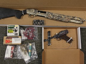 Police seized a loaded Stoeger Luger .22-caliber handgun, a Mossberg 535 12-gauge shotgun, more than 200 rounds of ammunition, a taser, small amounts of methamphetamine and oxycodone and multiple pieces of personal identification from a vehicle believed to have been stolen.