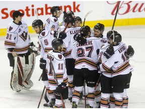 The Calgary Hitmen team react after losing 6-0 and swept by the Edmonton Oil Kings in the WHL Eastern Conference Semi-Final at the Scotiabank Saddledome in Calgary on Wednesday, April 10, 2019. Darren Makowichuk/Postmedia