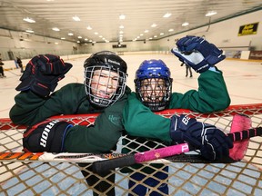 Madi Cose, 10, and Mason Cose, 12, give a cheer at the Jack Setters Arena as it opened Monday after renovations.