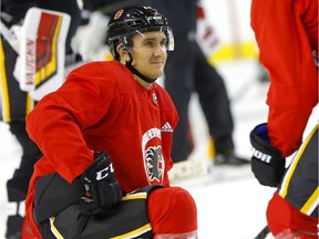 Calgary Flames Mikael Backlund was all smiles during practice as the Flames signed Matthew Tkachuk at the Scotiabank Saddledome in Calgary on Wednesday, September 25, 2019. Darren Makowichuk/Postmedia