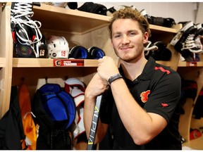 Calgary Flames Matthew Tkachuk back at the Scotiabank Saddledome after signing a new contract in Calgary on Wednesday, Sept. 25, 2019.